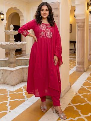 Pink embroidered pure cotton kurta trouser dupatta set 2
