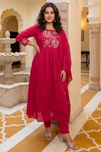 Pink embroidered pure cotton kurta trouser dupatta set
