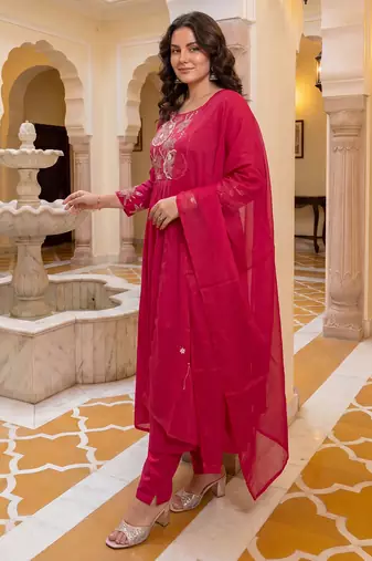 Pink embroidered pure cotton kurta trouser dupatta set