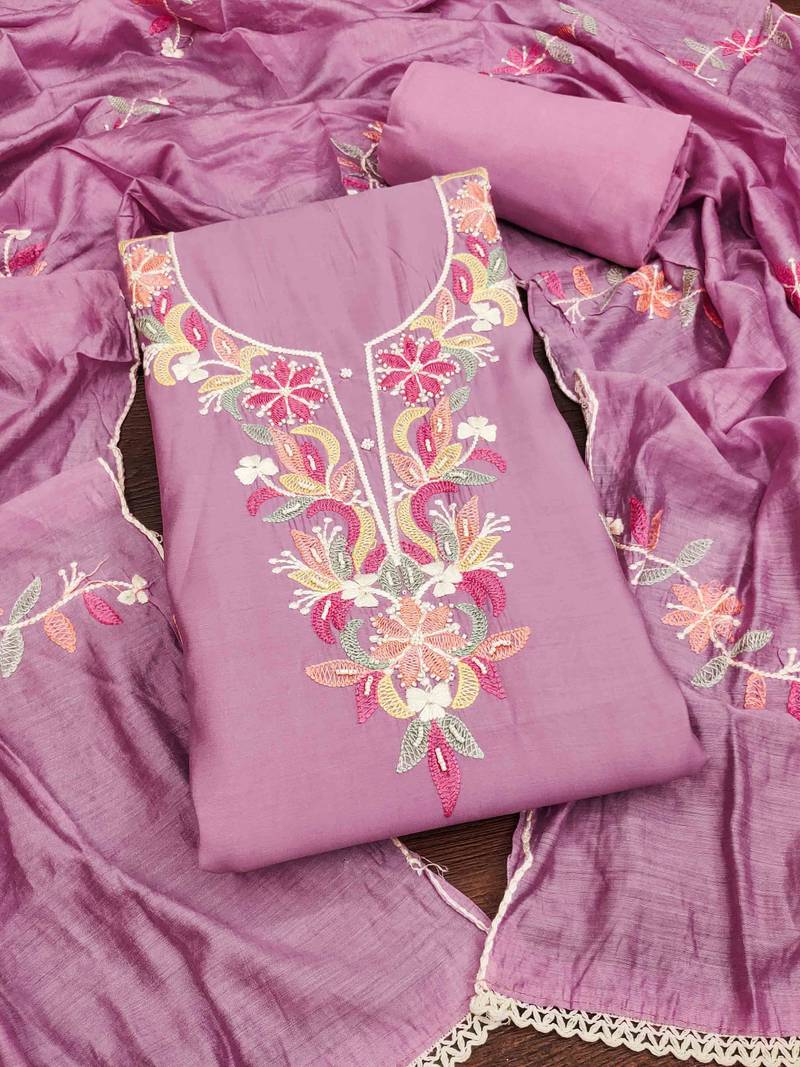 Embroidered Pure Silk Semi-Stitched Dress Material