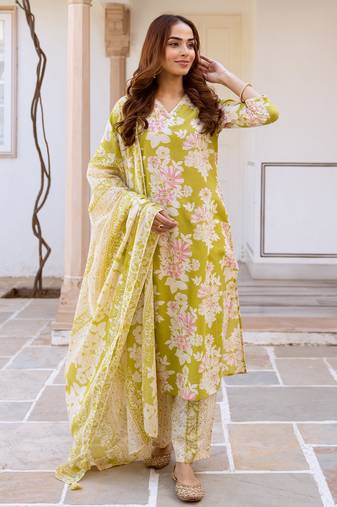 Green printed pure cotton kurta trouser dupatta set