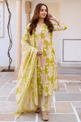 Green printed pure cotton kurta trouser dupatta set