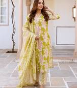 Green printed pure cotton kurta trouser dupatta set