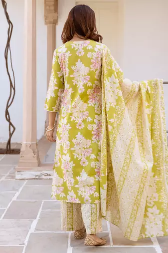 Green printed pure cotton kurta trouser dupatta set