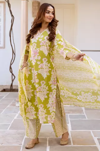 Green printed pure cotton kurta trouser dupatta set