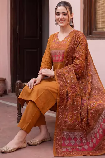 Mustard printed pure cotton kurta trouser dupatta set