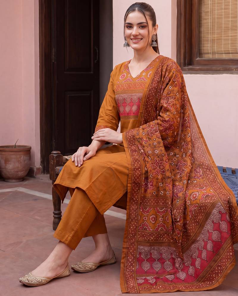 Mustard printed pure cotton kurta trouser dupatta set