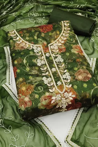 floral woven design beads and stones organza unstitched dress material