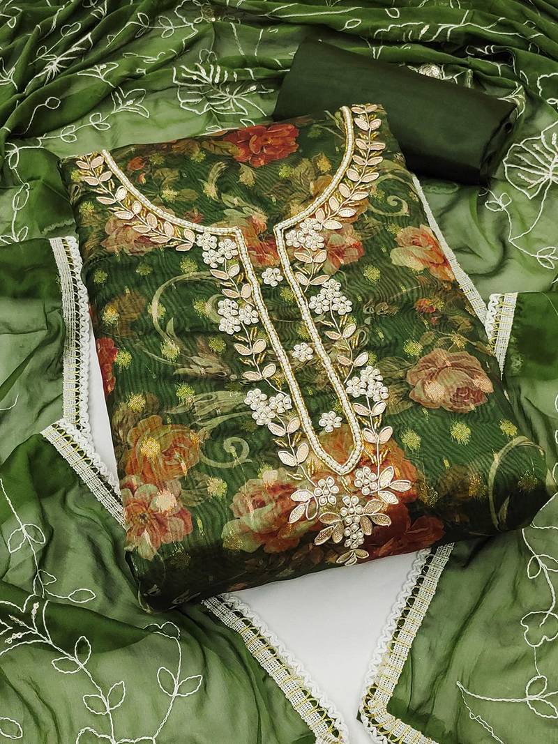 Floral Woven Design Beads and Stones Organza Unstitched Dress Material