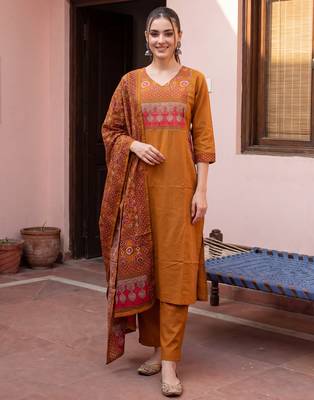 Mustard printed pure cotton kurta trouser dupatta set 2