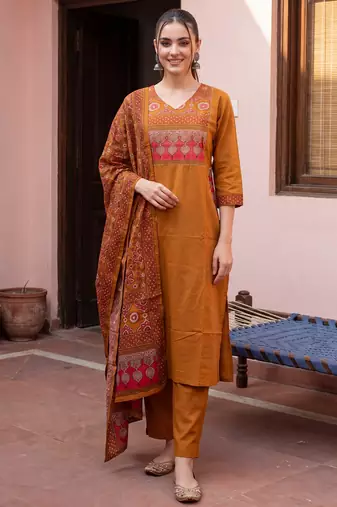 Mustard printed pure cotton kurta trouser dupatta set
