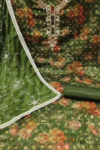 floral woven design beads and stones organza unstitched dress material