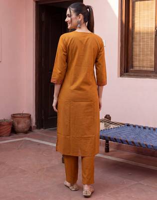 Mustard printed pure cotton kurta trouser dupatta set 3