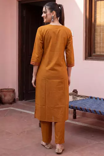 Mustard printed pure cotton kurta trouser dupatta set