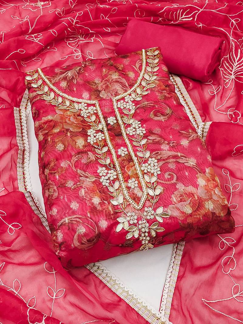 Floral Woven Design Beads and Stones Organza Unstitched Dress Material