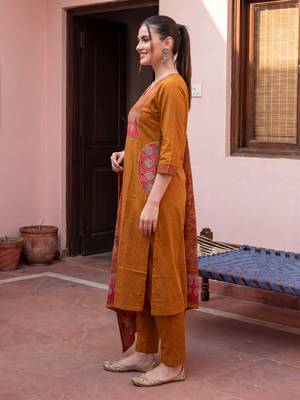 Mustard printed pure cotton kurta trouser dupatta set 4