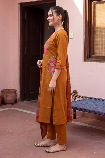 Mustard printed pure cotton kurta trouser dupatta set