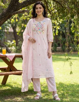 Pink embroidered pure cotton kurta trouser dupatta set 1