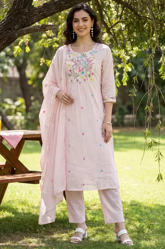 Pink embroidered pure cotton kurta trouser dupatta set