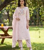 Pink embroidered pure cotton kurta trouser dupatta set