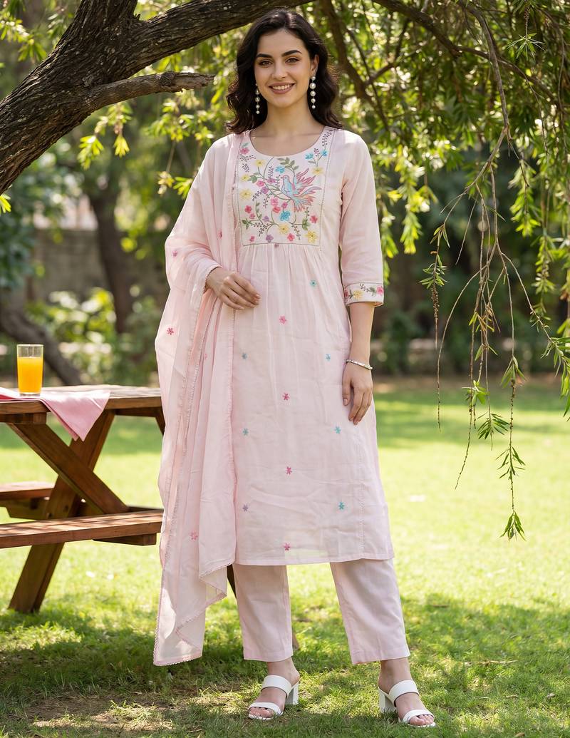Pink embroidered pure cotton kurta trouser dupatta set