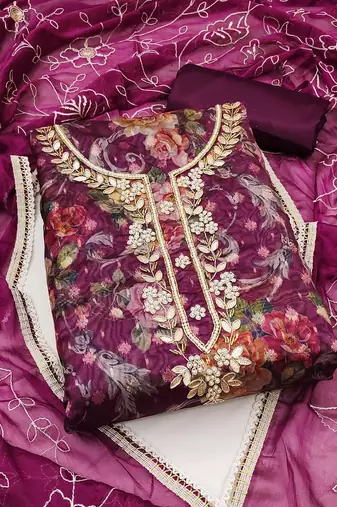 floral woven design beads and stones organza unstitched dress material