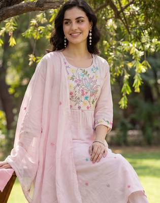 Pink embroidered pure cotton kurta trouser dupatta set 2