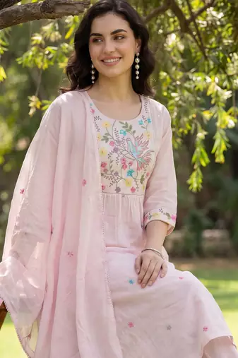 Pink embroidered pure cotton kurta trouser dupatta set