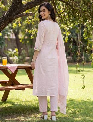 Pink embroidered pure cotton kurta trouser dupatta set 3