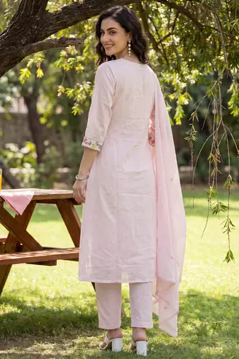 Pink embroidered pure cotton kurta trouser dupatta set