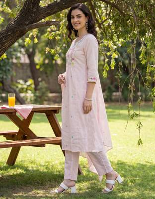 Pink embroidered pure cotton kurta trouser dupatta set 4