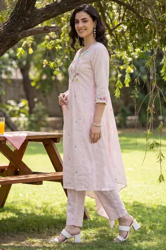 Pink embroidered pure cotton kurta trouser dupatta set