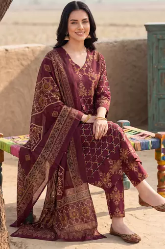 Burgundy printed pure cotton kurta trouser dupatta set