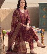 Burgundy printed pure cotton kurta trouser dupatta set