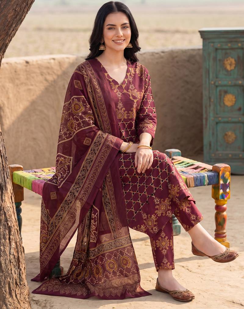 Burgundy printed pure cotton kurta trouser dupatta set