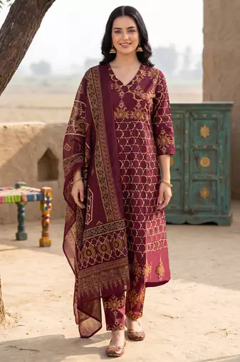 Burgundy printed pure cotton kurta trouser dupatta set