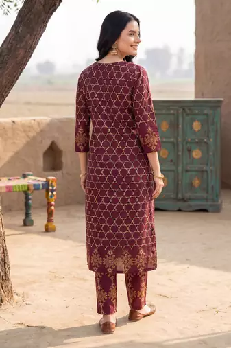 Burgundy printed pure cotton kurta trouser dupatta set