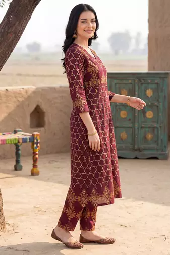 Burgundy printed pure cotton kurta trouser dupatta set