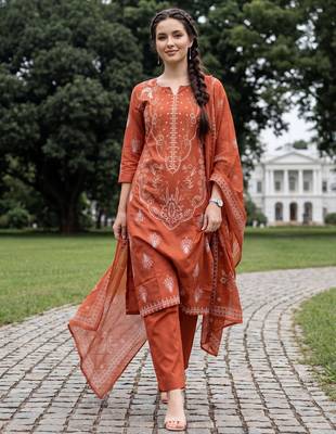 Orange printed pure cotton kurta trouser dupatta set 1