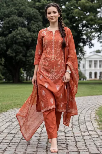 Orange printed pure cotton kurta trouser dupatta set