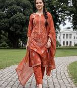 Orange printed pure cotton kurta trouser dupatta set