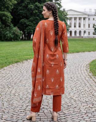 Orange printed pure cotton kurta trouser dupatta set 2