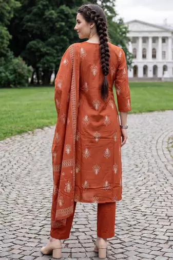 Orange printed pure cotton kurta trouser dupatta set