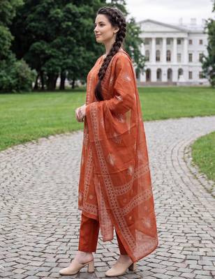Orange printed pure cotton kurta trouser dupatta set 3