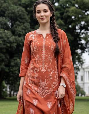 Orange printed pure cotton kurta trouser dupatta set 4