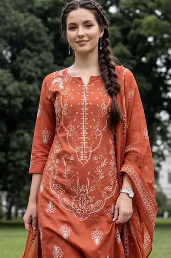 Orange printed pure cotton kurta trouser dupatta set