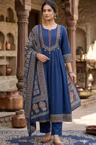 Blue printed pure cotton kurta trouser dupatta set