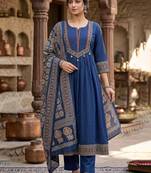 Blue printed pure cotton kurta trouser dupatta set