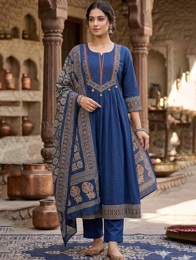 Blue printed pure cotton kurta trouser dupatta set