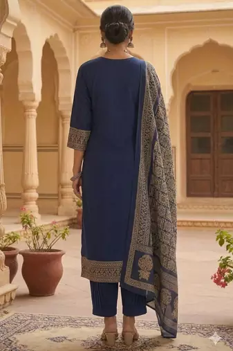 Blue printed pure cotton kurta trouser dupatta set